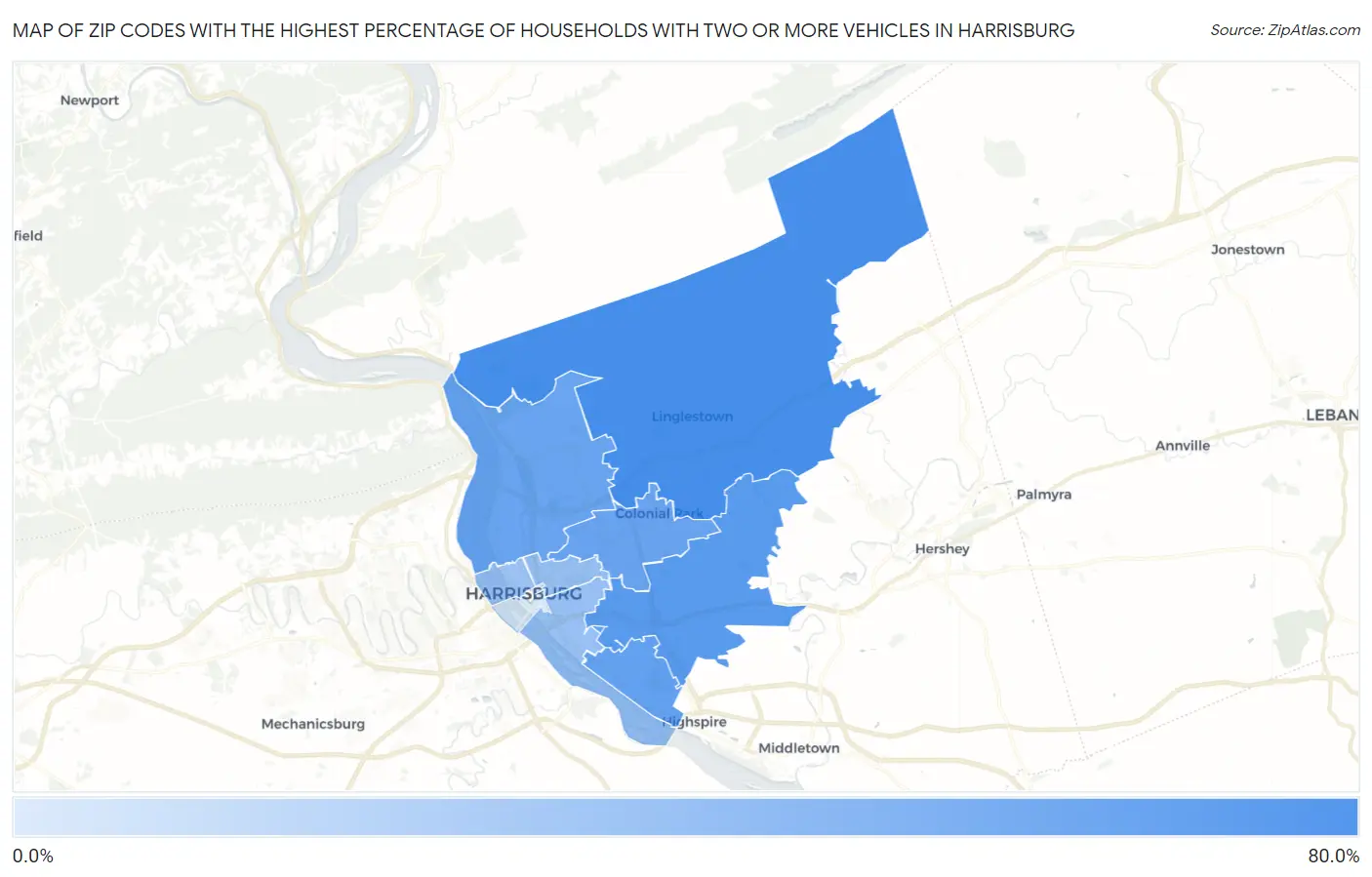 Zip Codes with the Highest Percentage of Households With Two or more Vehicles in Harrisburg Map