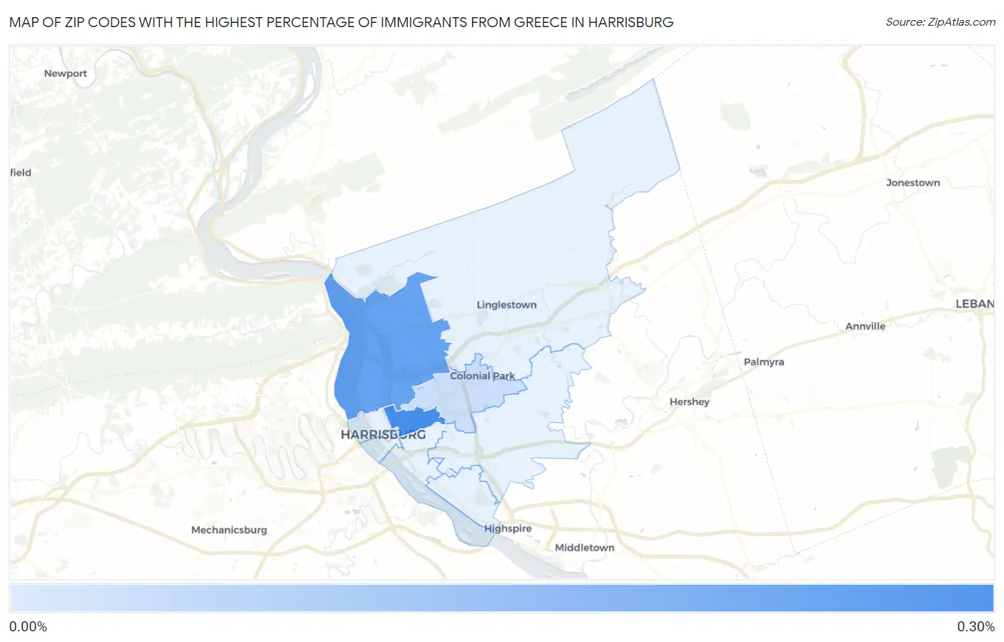 Zip Codes with the Highest Percentage of Immigrants from Greece in Harrisburg Map