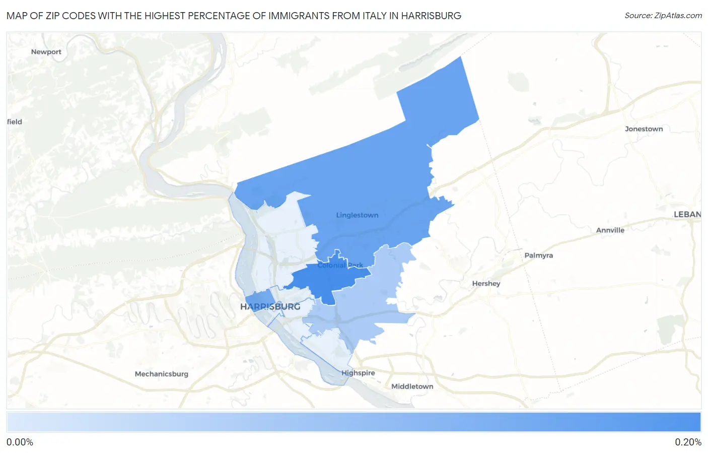 Zip Codes with the Highest Percentage of Immigrants from Italy in Harrisburg Map