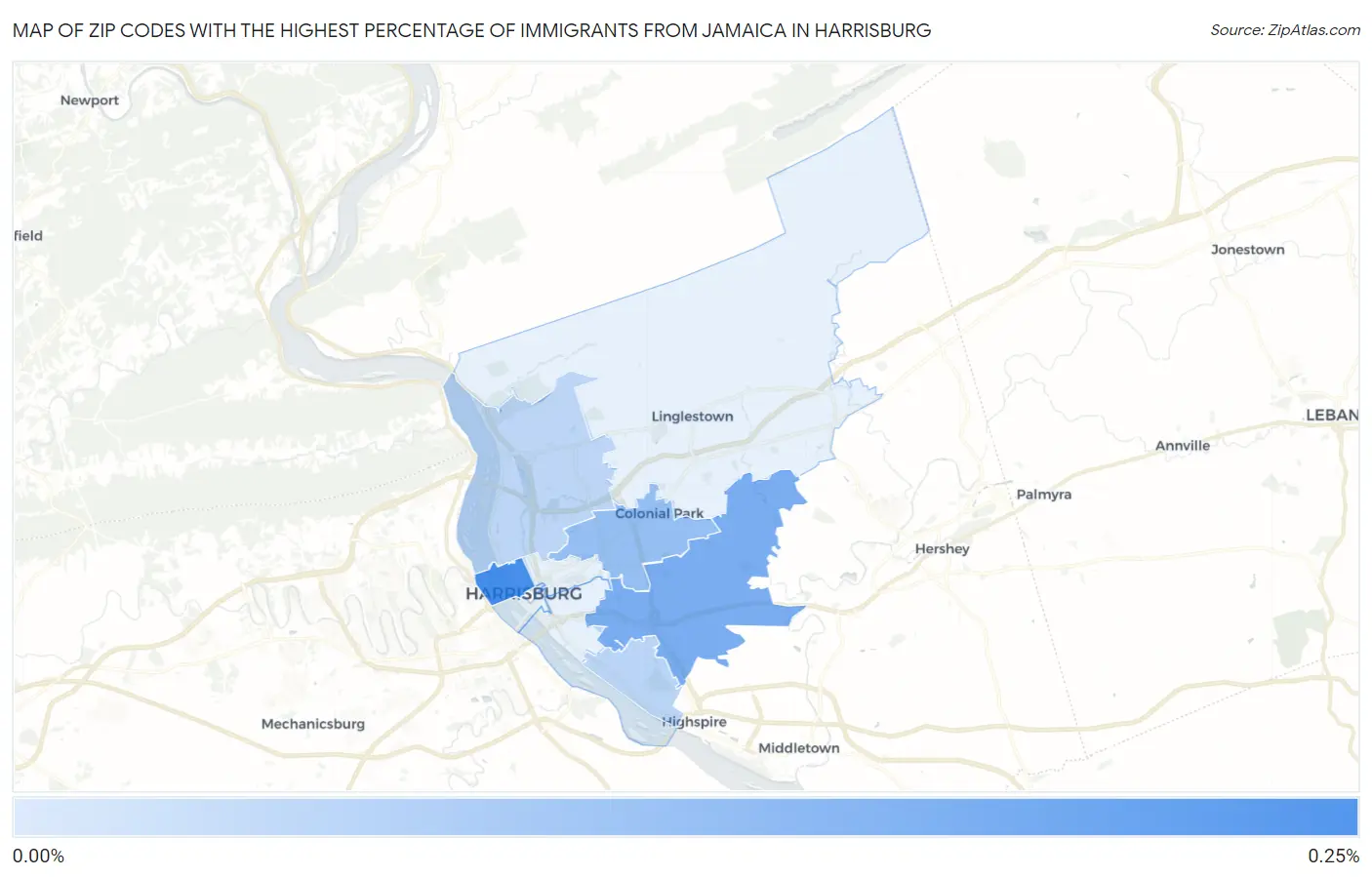 Zip Codes with the Highest Percentage of Immigrants from Jamaica in Harrisburg Map