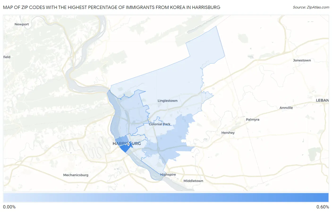 Zip Codes with the Highest Percentage of Immigrants from Korea in Harrisburg Map