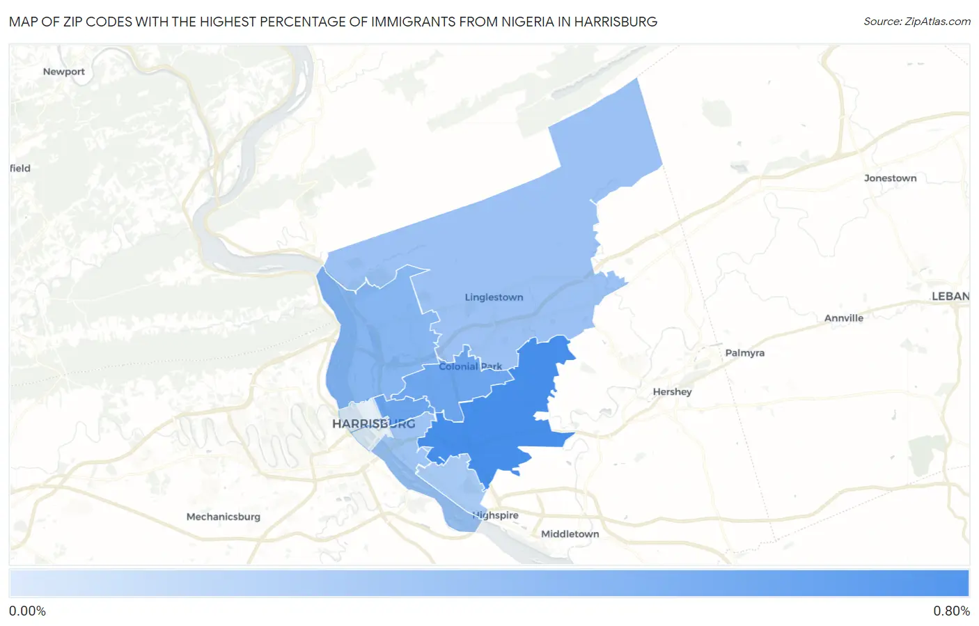 Zip Codes with the Highest Percentage of Immigrants from Nigeria in Harrisburg Map