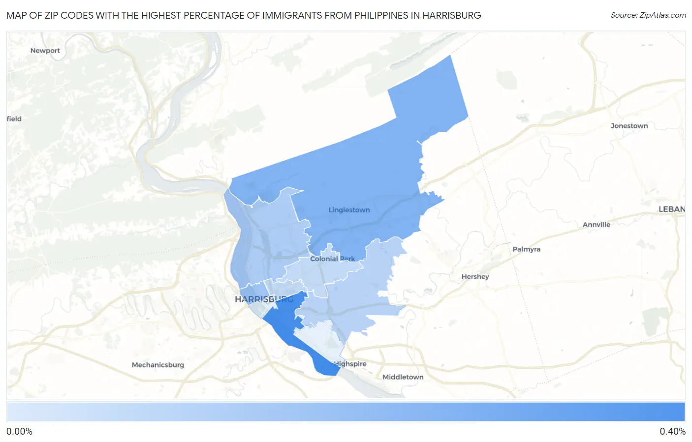 Zip Codes with the Highest Percentage of Immigrants from Philippines in Harrisburg Map
