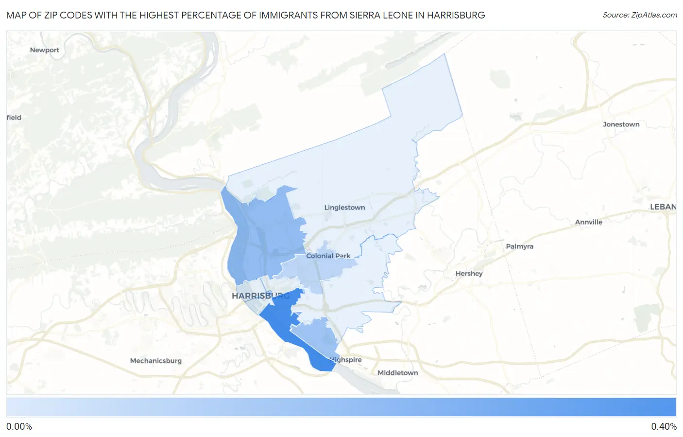 Zip Codes with the Highest Percentage of Immigrants from Sierra Leone in Harrisburg Map