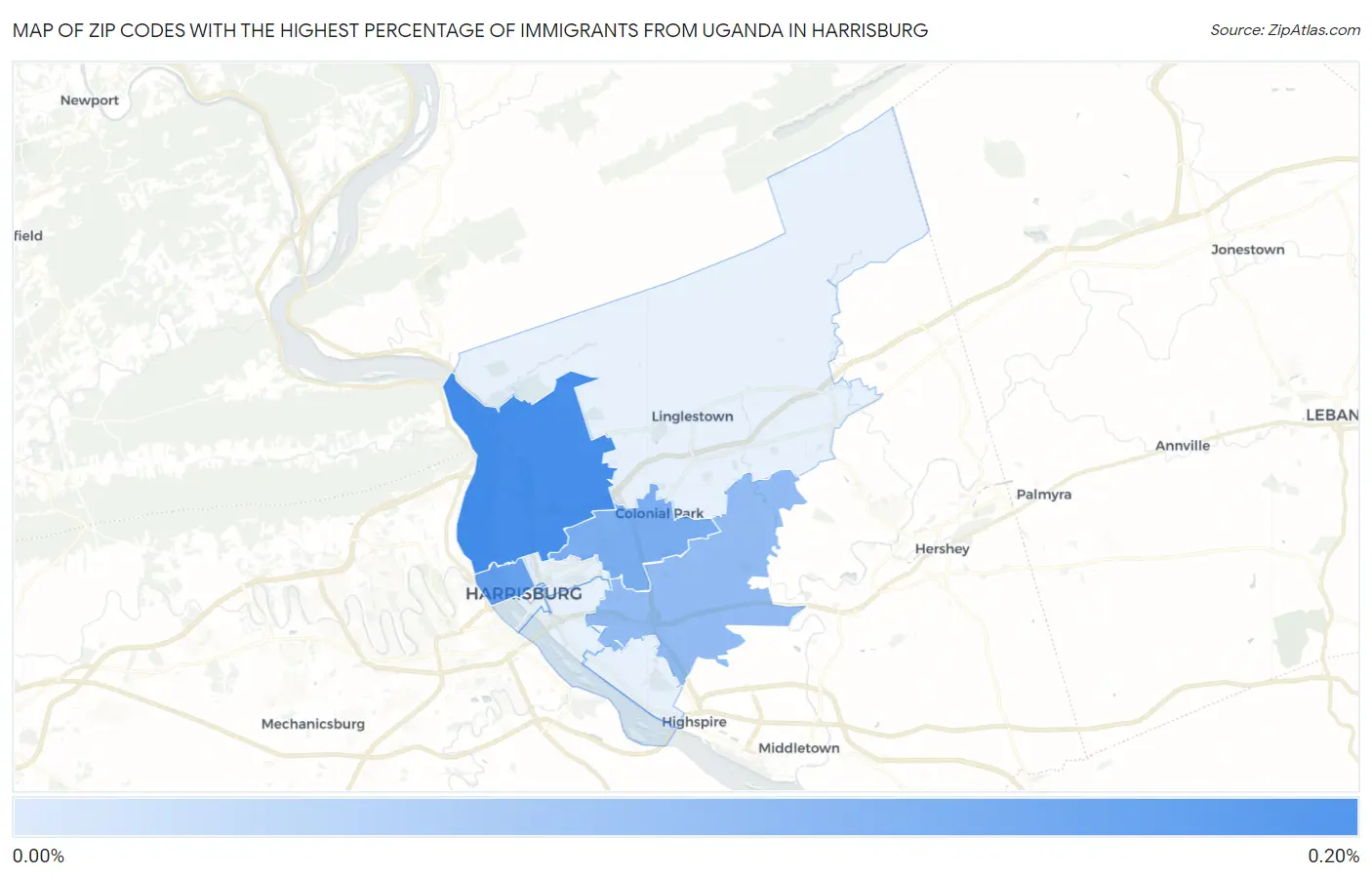 Zip Codes with the Highest Percentage of Immigrants from Uganda in Harrisburg Map