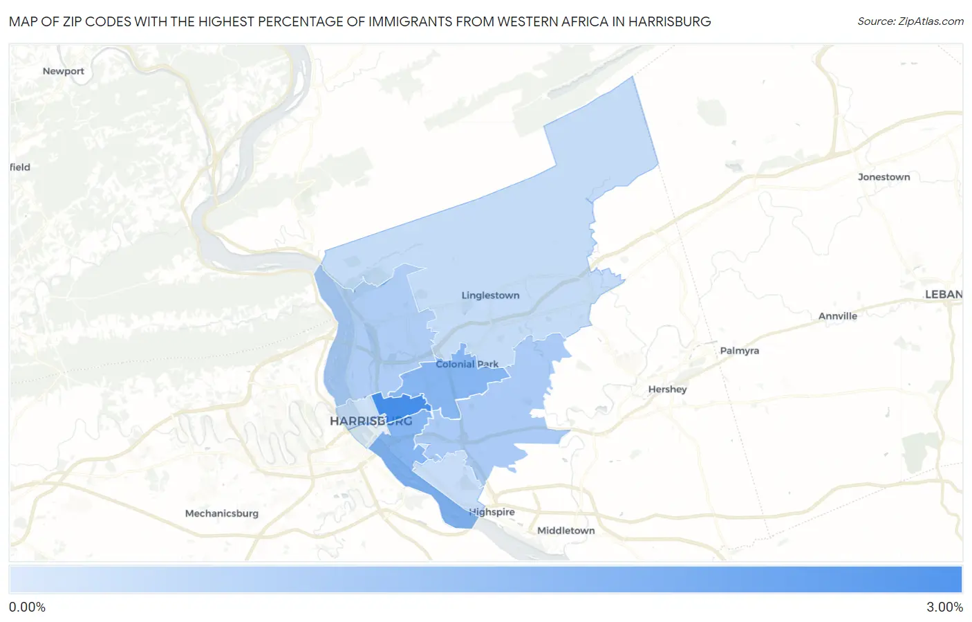 Zip Codes with the Highest Percentage of Immigrants from Western Africa in Harrisburg Map