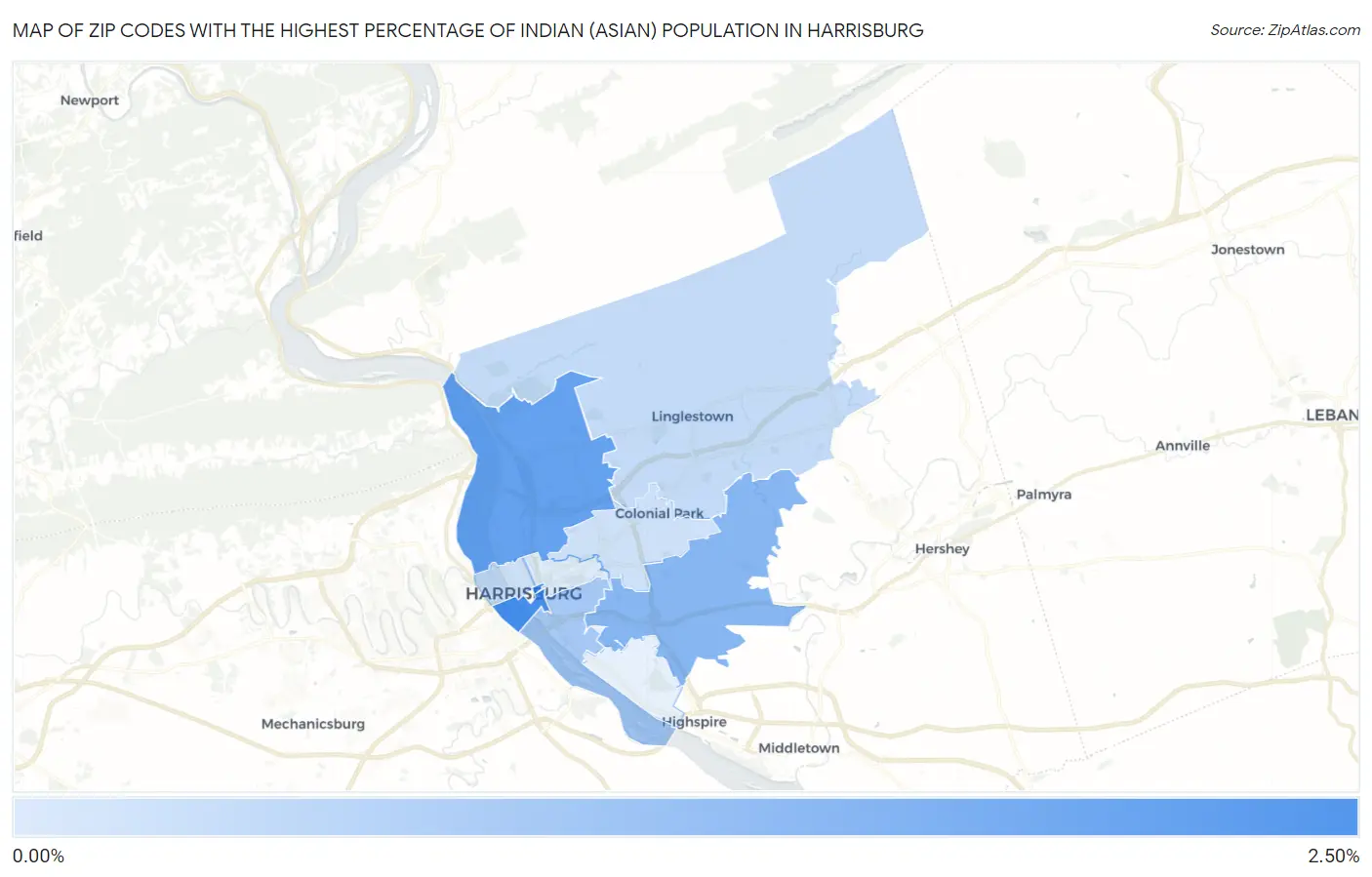 Zip Codes with the Highest Percentage of Indian (Asian) Population in Harrisburg Map
