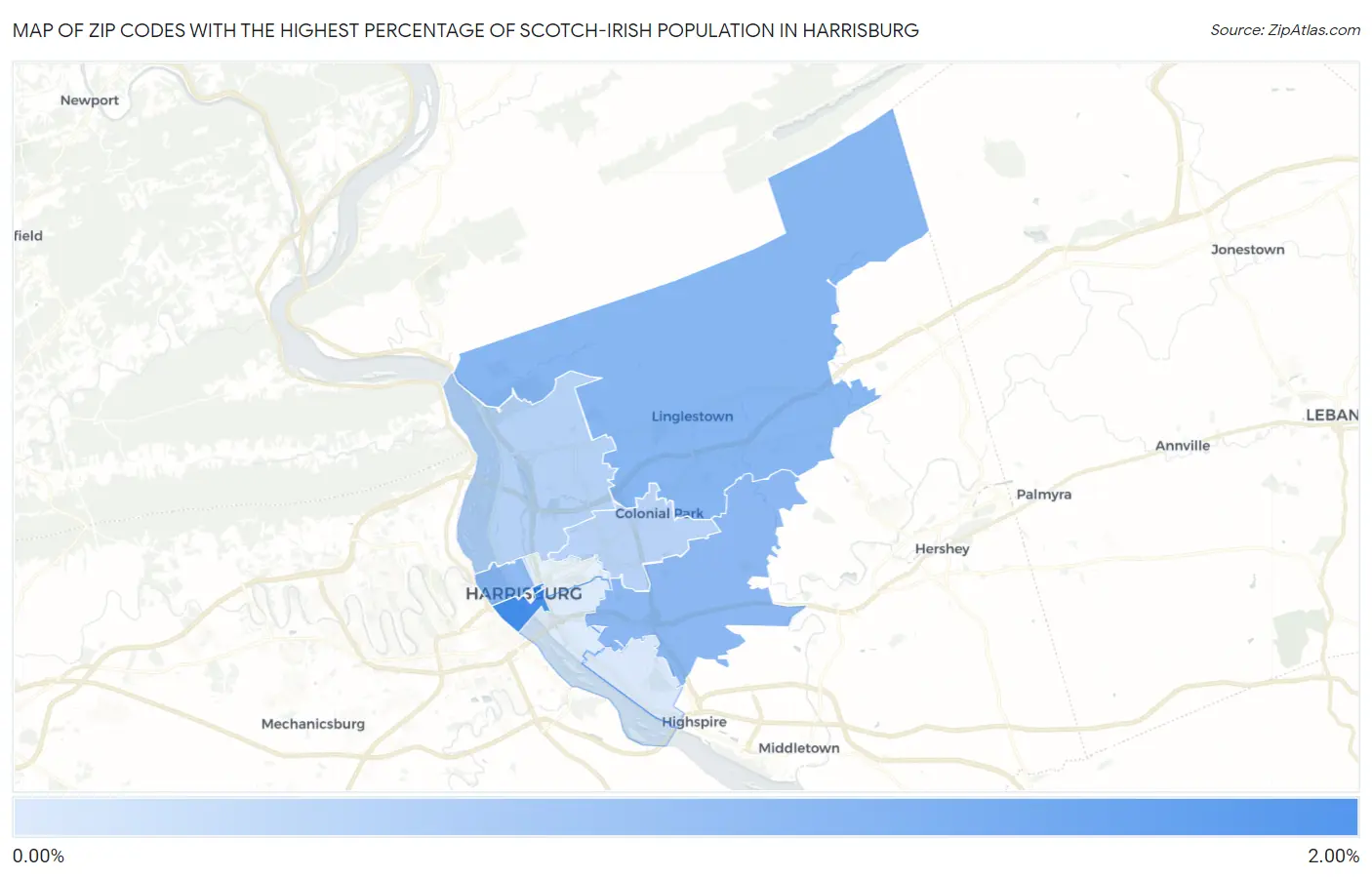 Zip Codes with the Highest Percentage of Scotch-Irish Population in Harrisburg Map