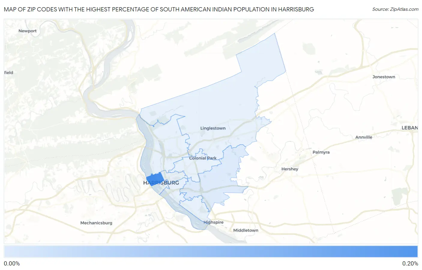 Zip Codes with the Highest Percentage of South American Indian Population in Harrisburg Map