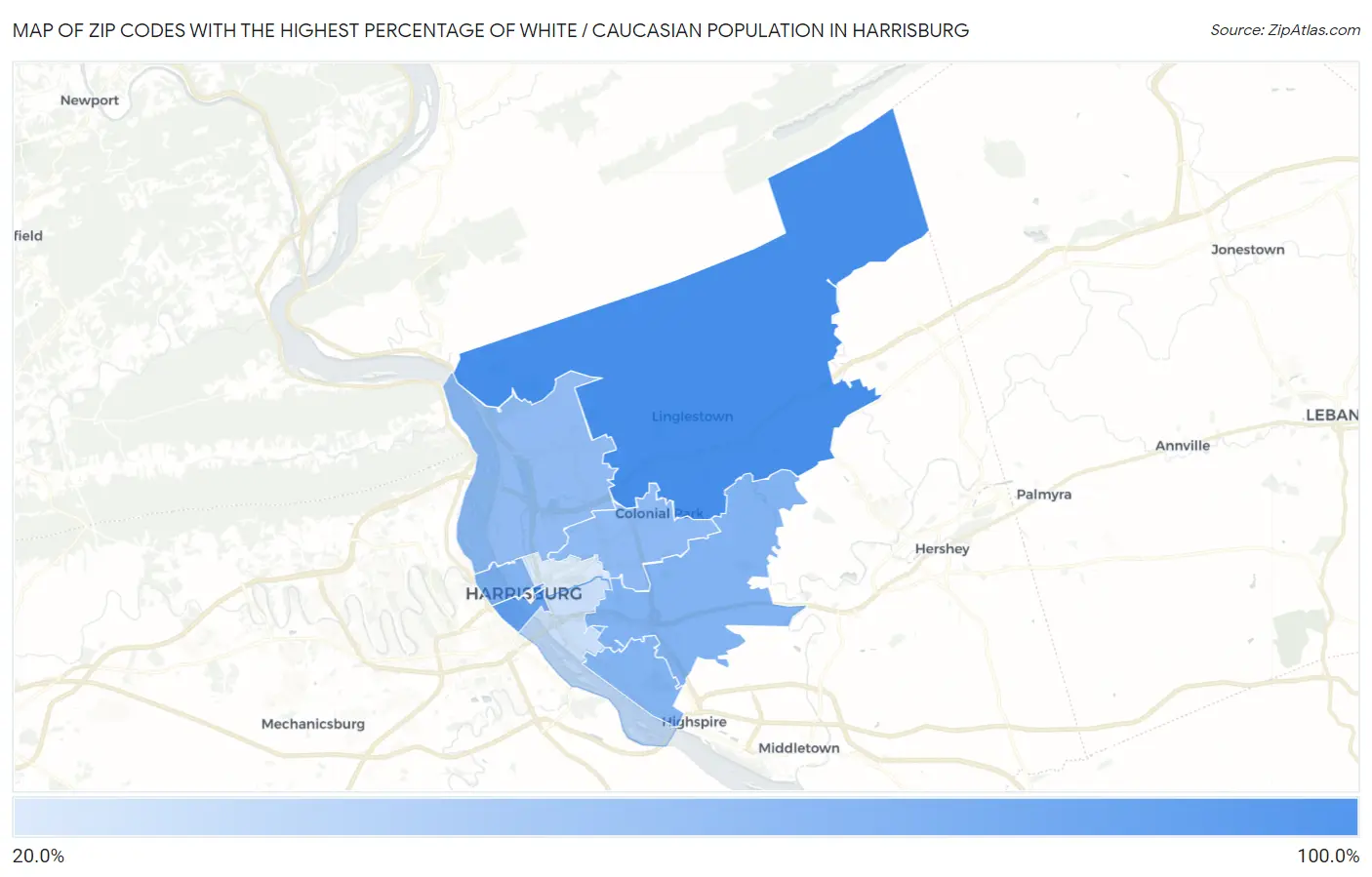 Zip Codes with the Highest Percentage of White / Caucasian Population in Harrisburg Map