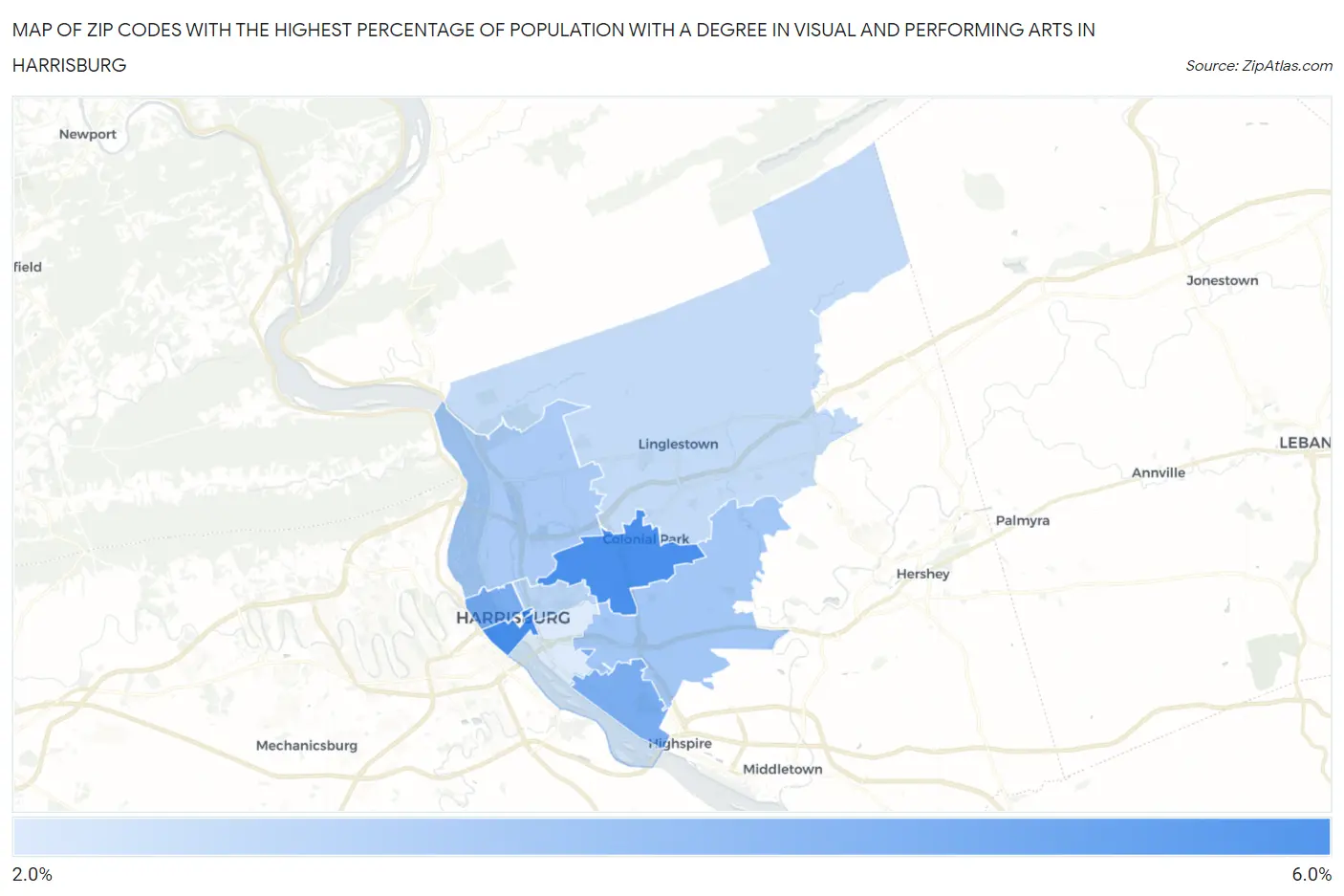 Zip Codes with the Highest Percentage of Population with a Degree in Visual and Performing Arts in Harrisburg Map