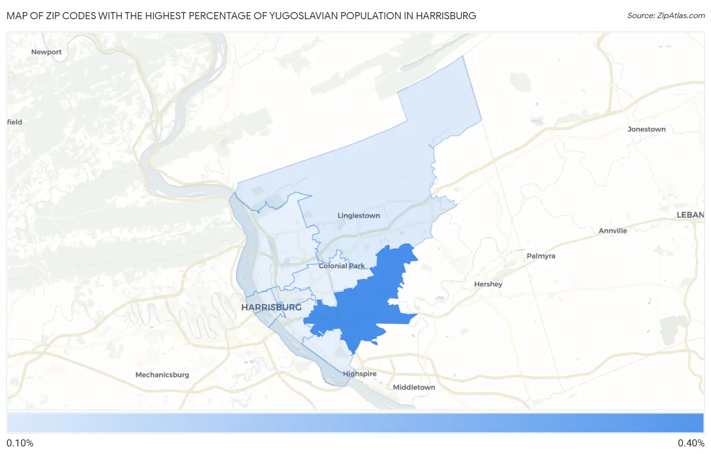 Zip Codes with the Highest Percentage of Yugoslavian Population in Harrisburg Map