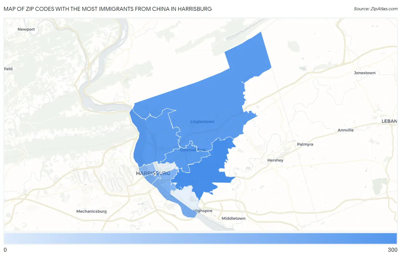 Zip Codes with the Most Immigrants from China in Harrisburg Map