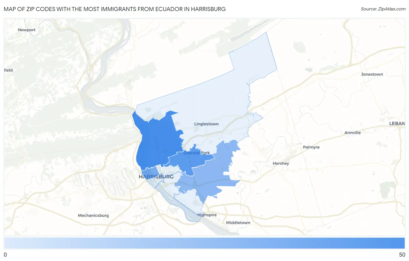 Zip Codes with the Most Immigrants from Ecuador in Harrisburg Map