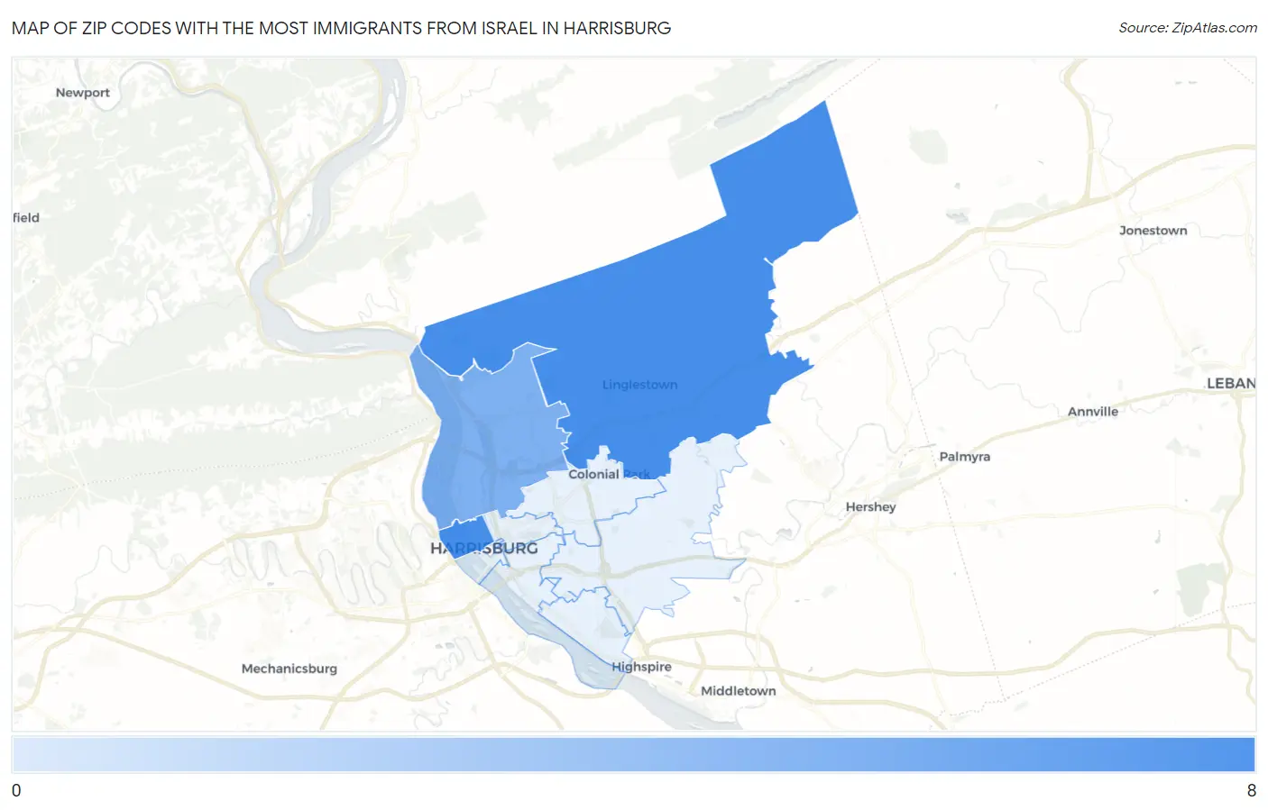 Zip Codes with the Most Immigrants from Israel in Harrisburg Map