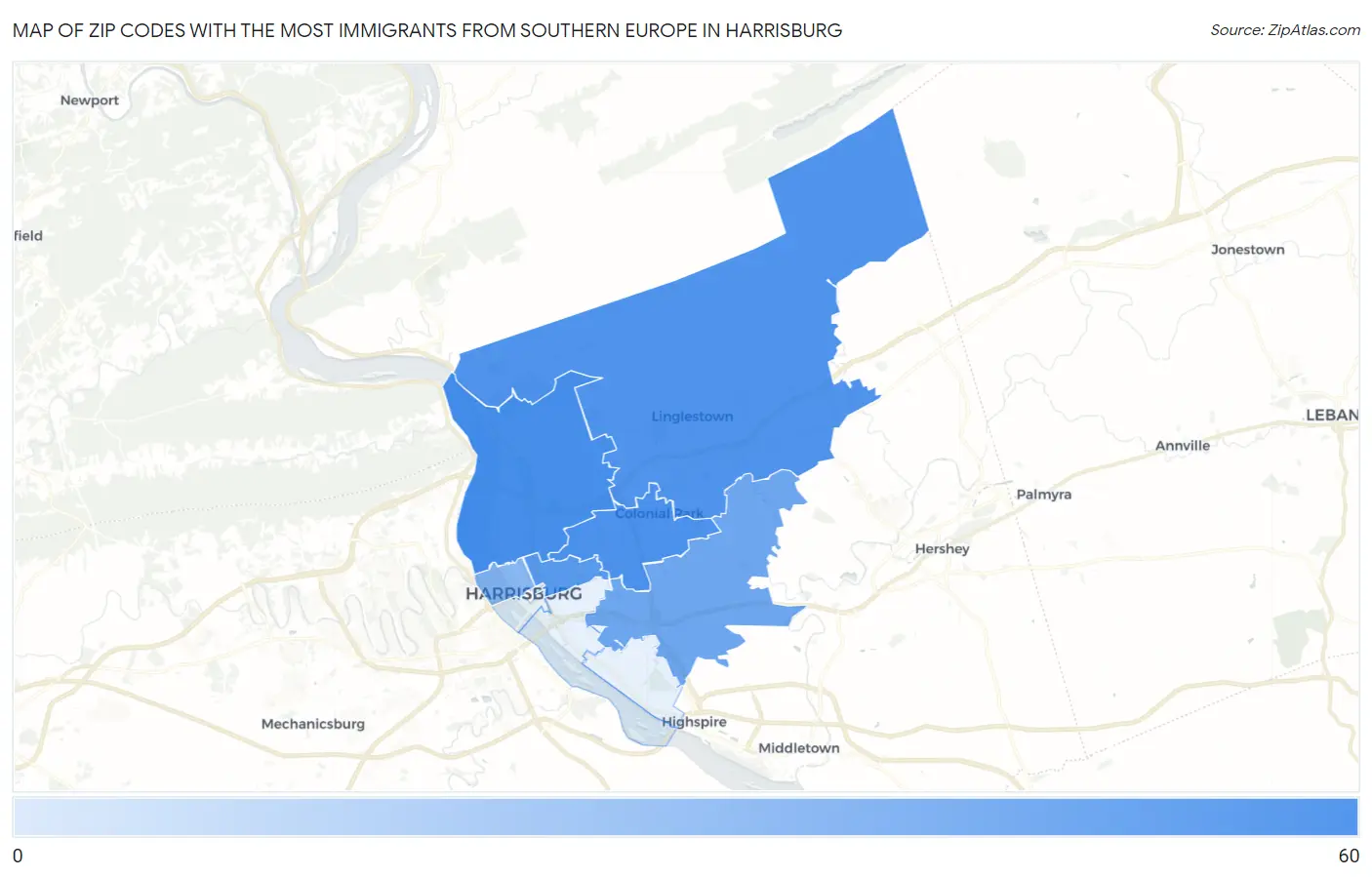 Zip Codes with the Most Immigrants from Southern Europe in Harrisburg Map