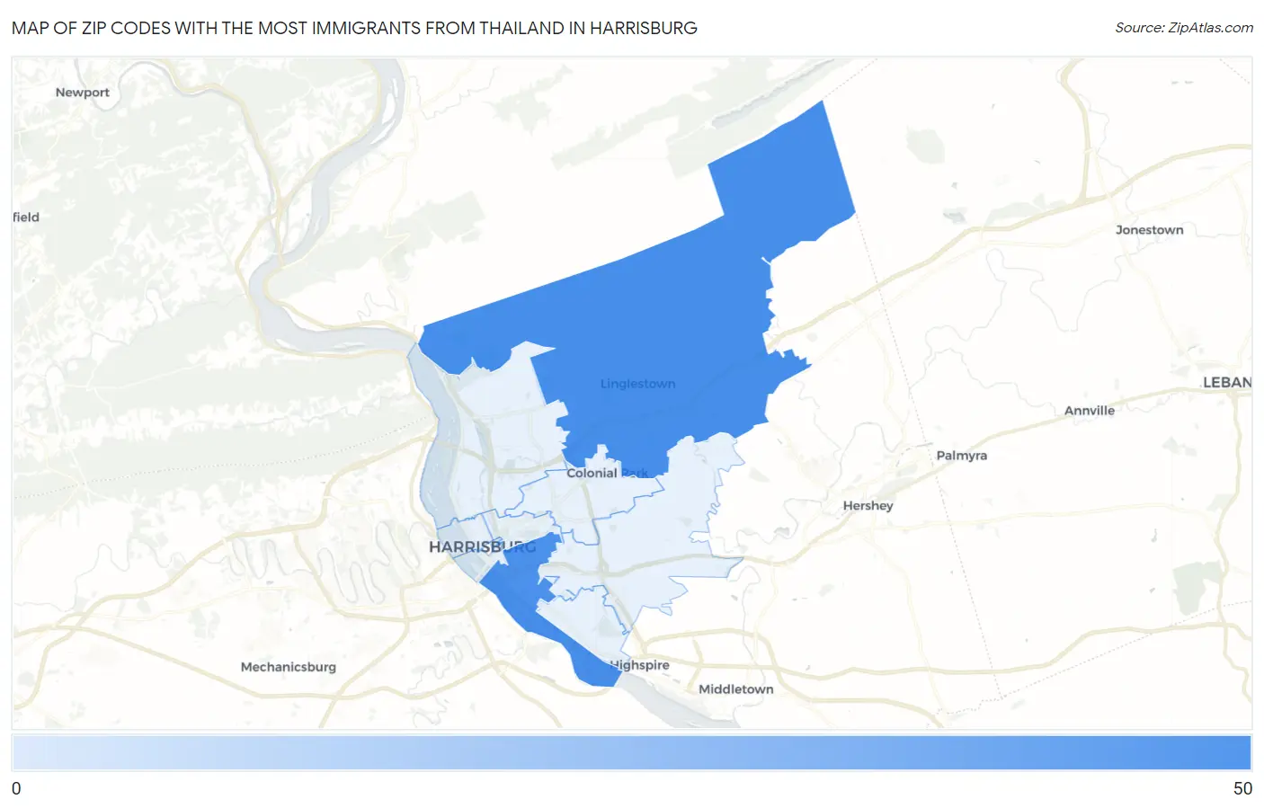 Zip Codes with the Most Immigrants from Thailand in Harrisburg Map
