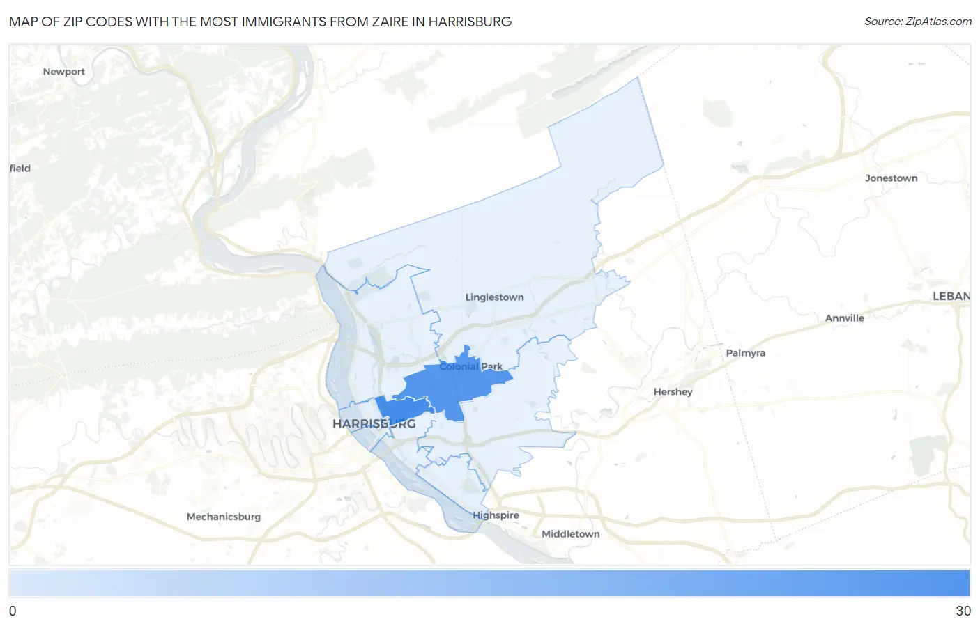 Zip Codes with the Most Immigrants from Zaire in Harrisburg Map