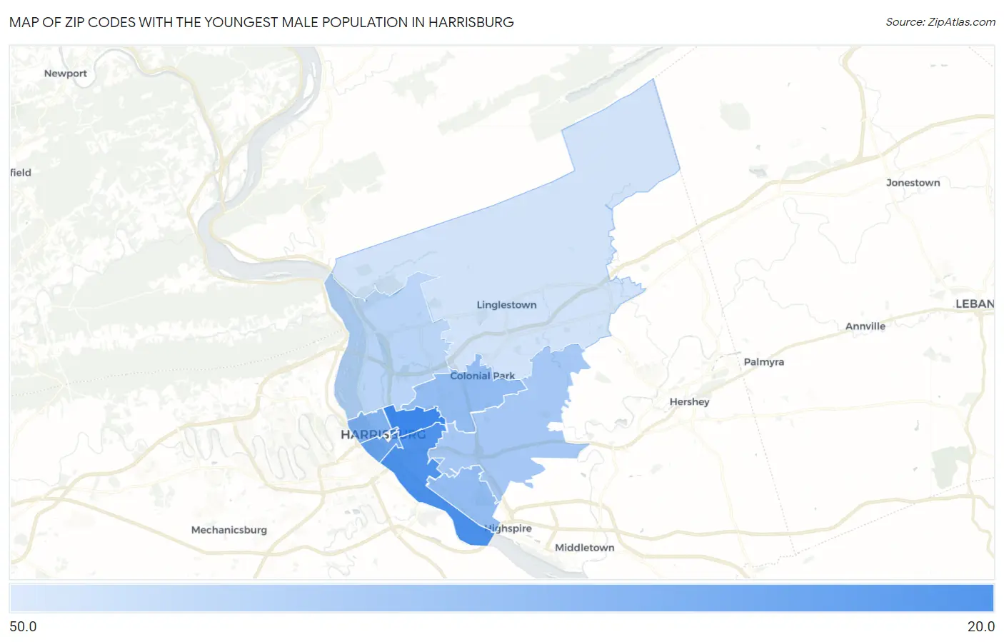 Zip Codes with the Youngest Male Population in Harrisburg Map