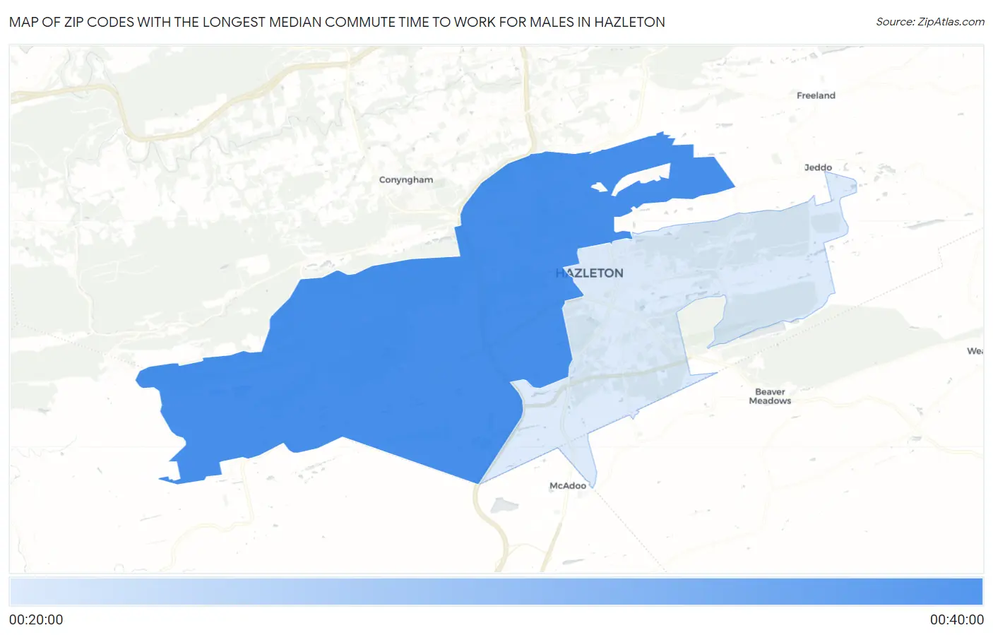 Zip Codes with the Longest Median Commute Time to Work for Males in Hazleton Map