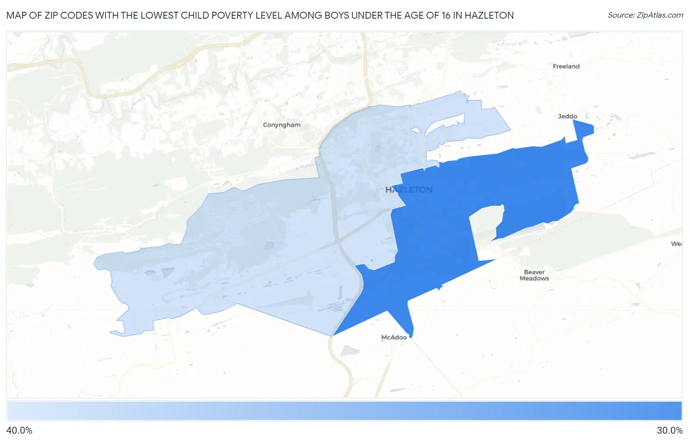 Zip Codes with the Lowest Child Poverty Level Among Boys Under the Age of 16 in Hazleton Map