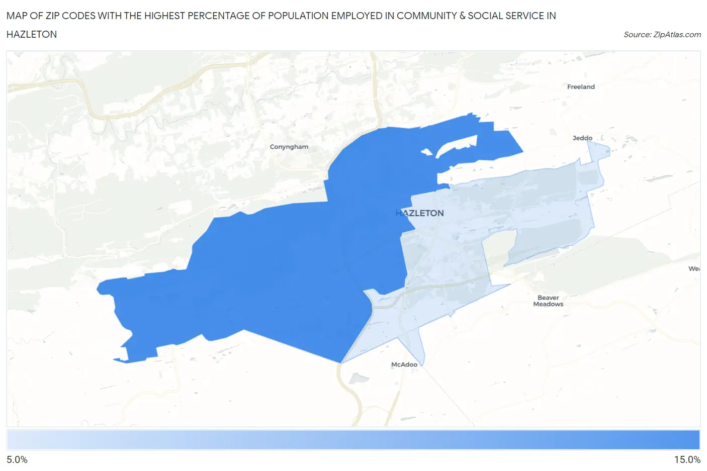 Zip Codes with the Highest Percentage of Population Employed in Community & Social Service  in Hazleton Map