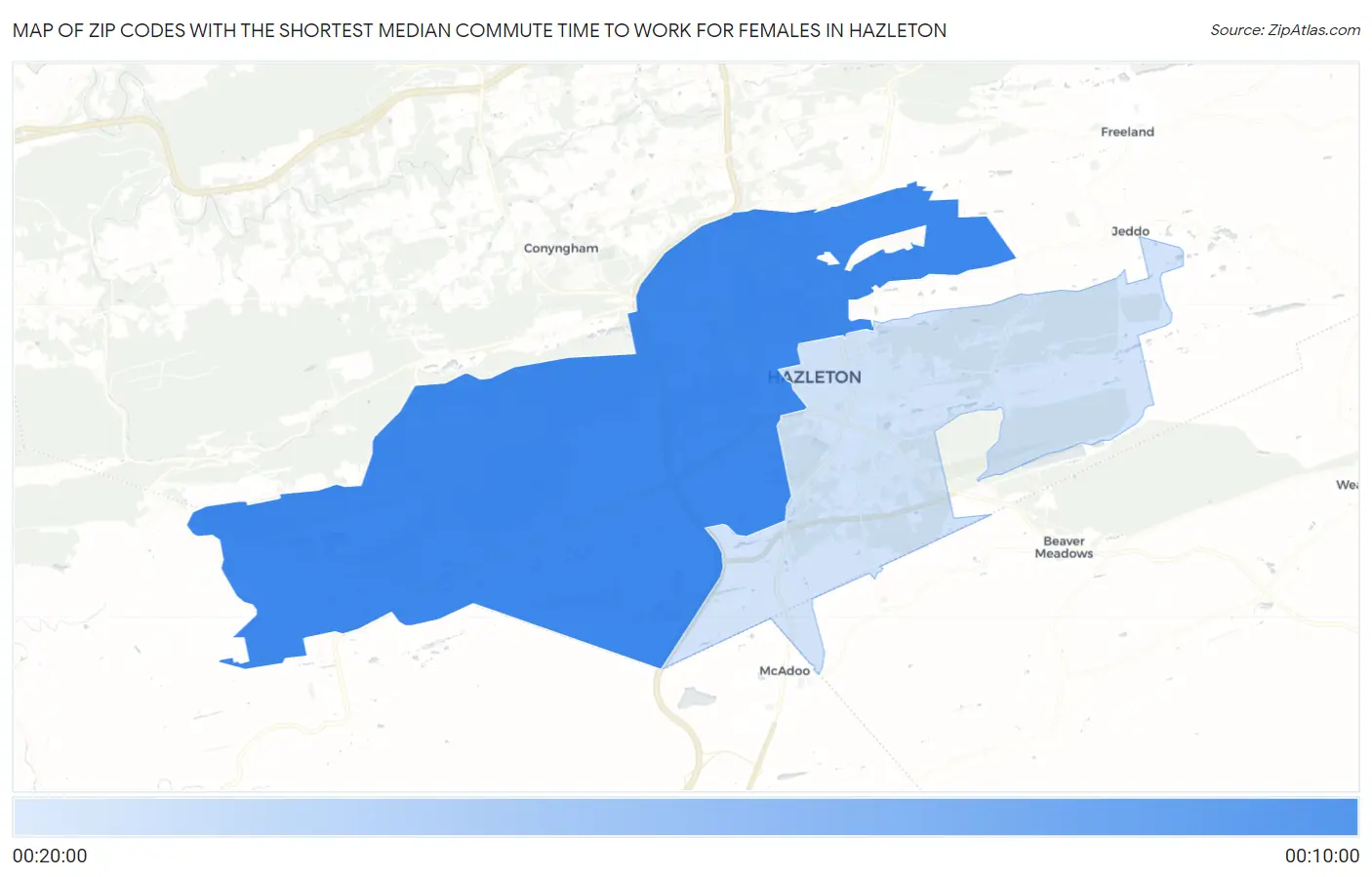 Zip Codes with the Shortest Median Commute Time to Work for Females in Hazleton Map