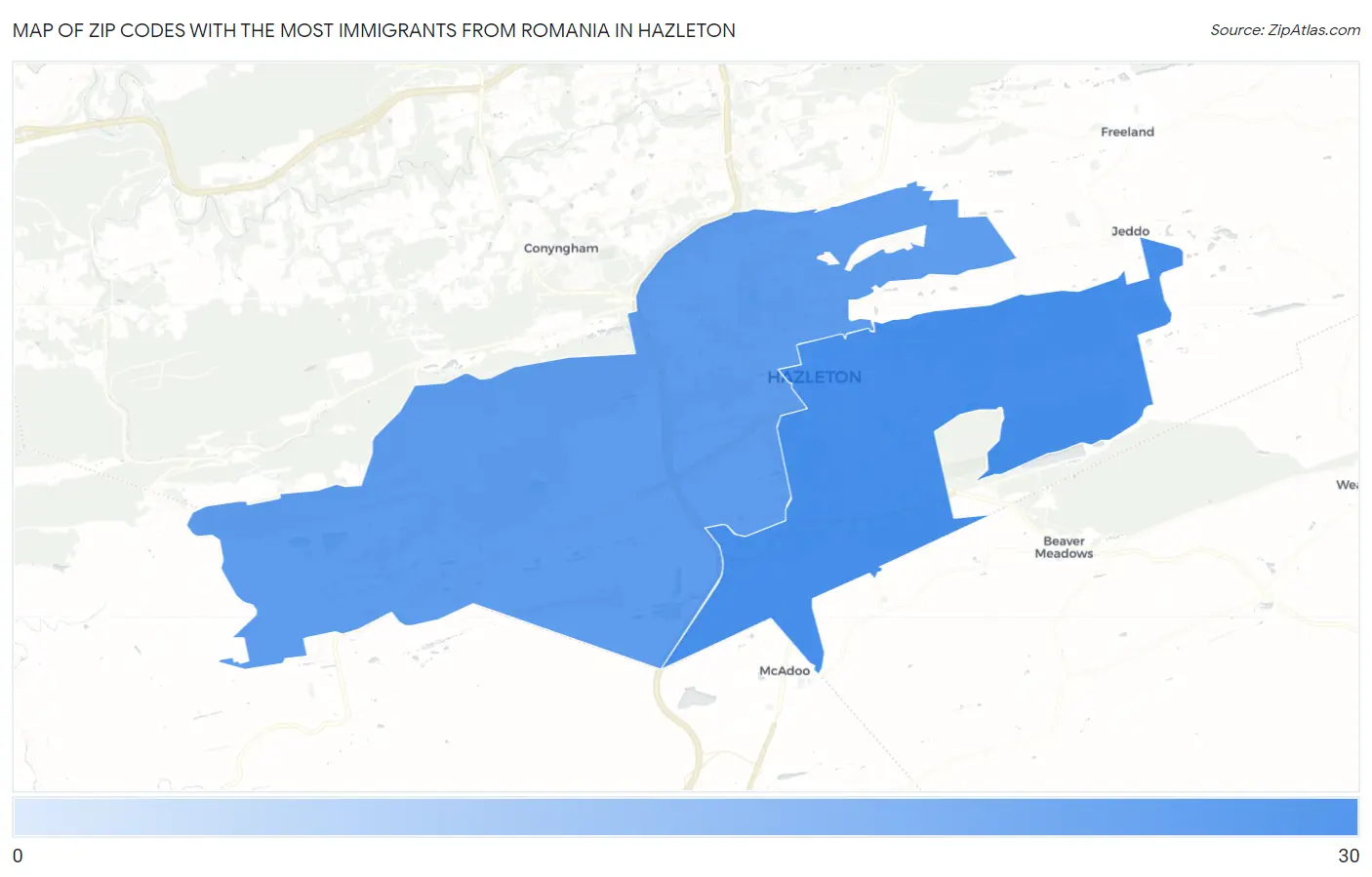 Zip Codes with the Most Immigrants from Romania in Hazleton Map