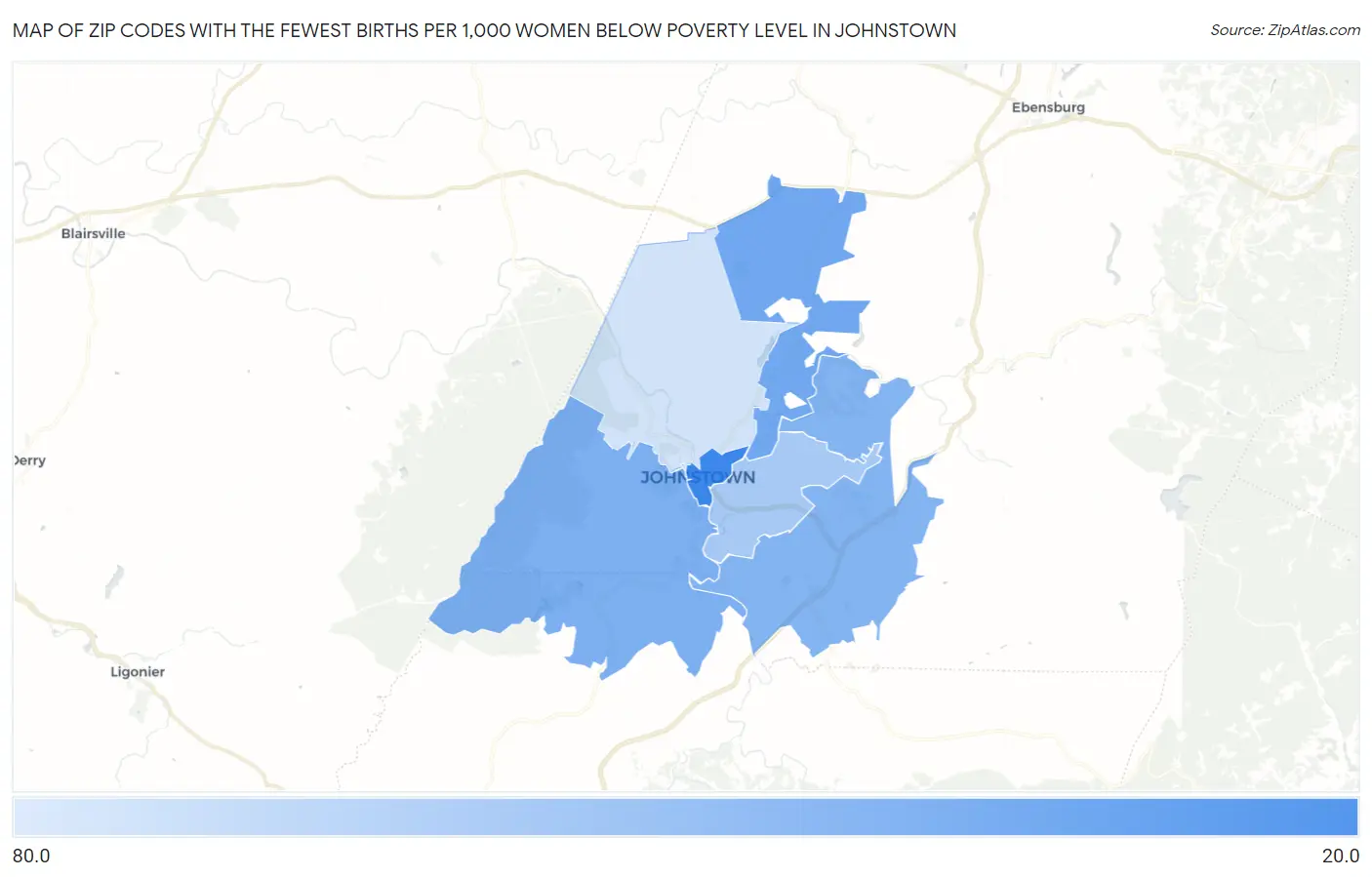 Zip Codes with the Fewest Births per 1,000 Women Below Poverty Level in Johnstown Map
