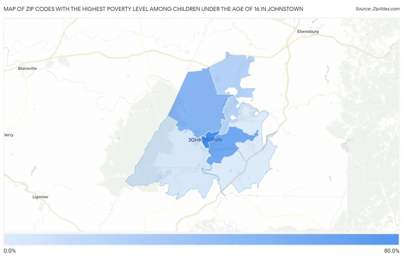 Zip Codes with the Highest Poverty Level Among Children Under the Age of 16 in Johnstown Map