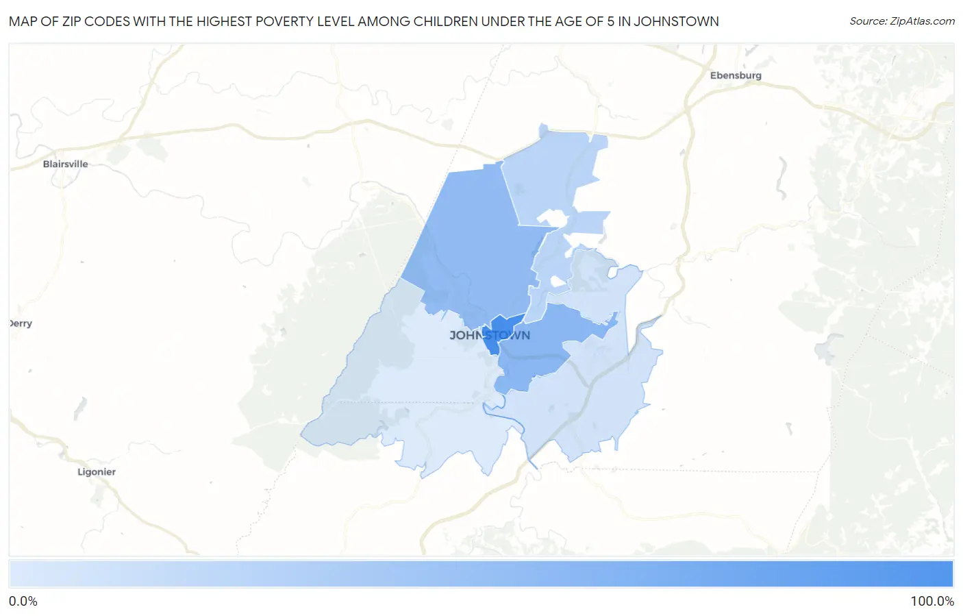 Zip Codes with the Highest Poverty Level Among Children Under the Age of 5 in Johnstown Map