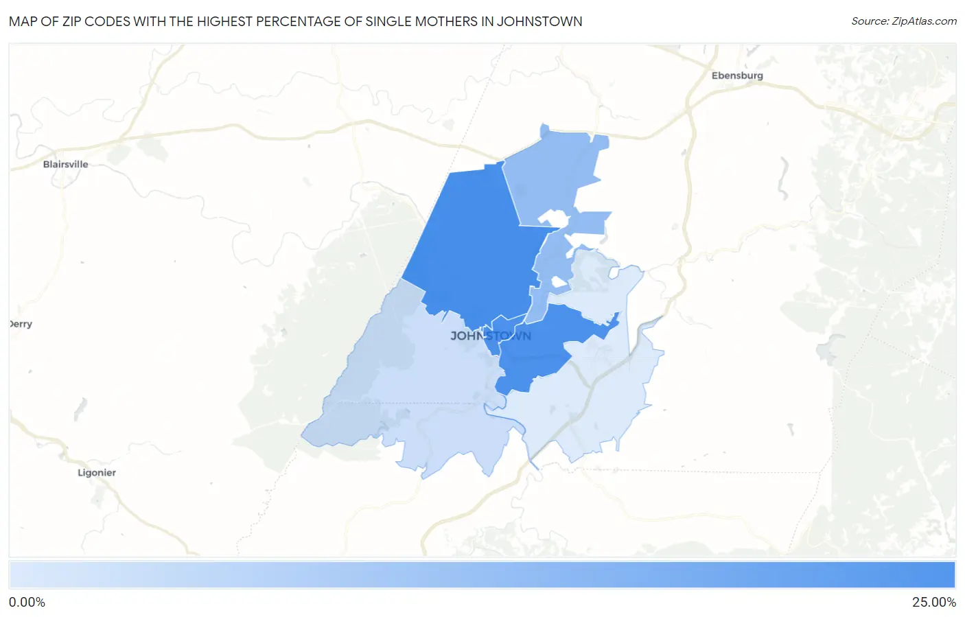 Zip Codes with the Highest Percentage of Single Mothers in Johnstown Map