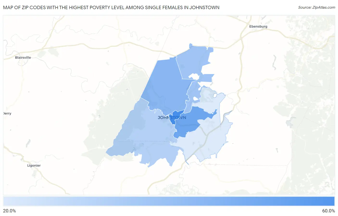 Zip Codes with the Highest Poverty Level Among Single Females in Johnstown Map