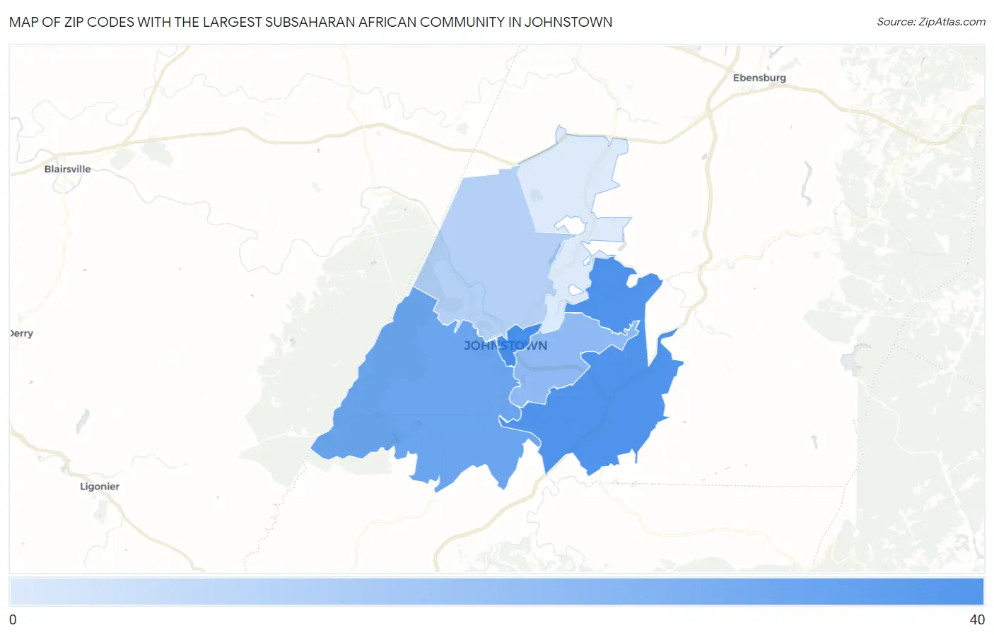 Zip Codes with the Largest Subsaharan African Community in Johnstown Map