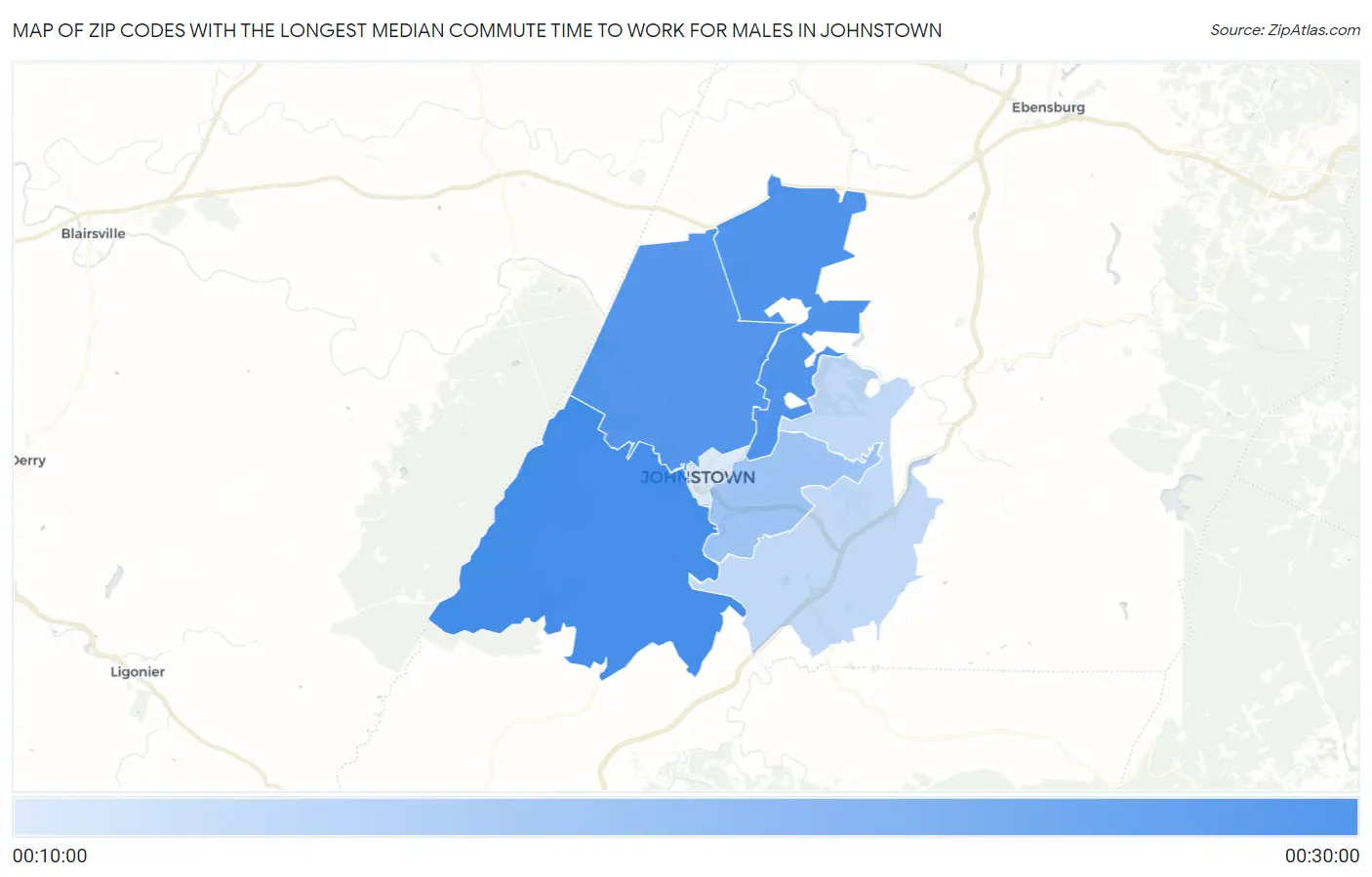 Zip Codes with the Longest Median Commute Time to Work for Males in Johnstown Map
