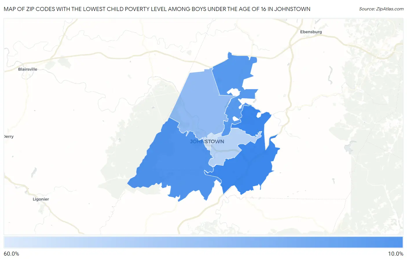 Zip Codes with the Lowest Child Poverty Level Among Boys Under the Age of 16 in Johnstown Map