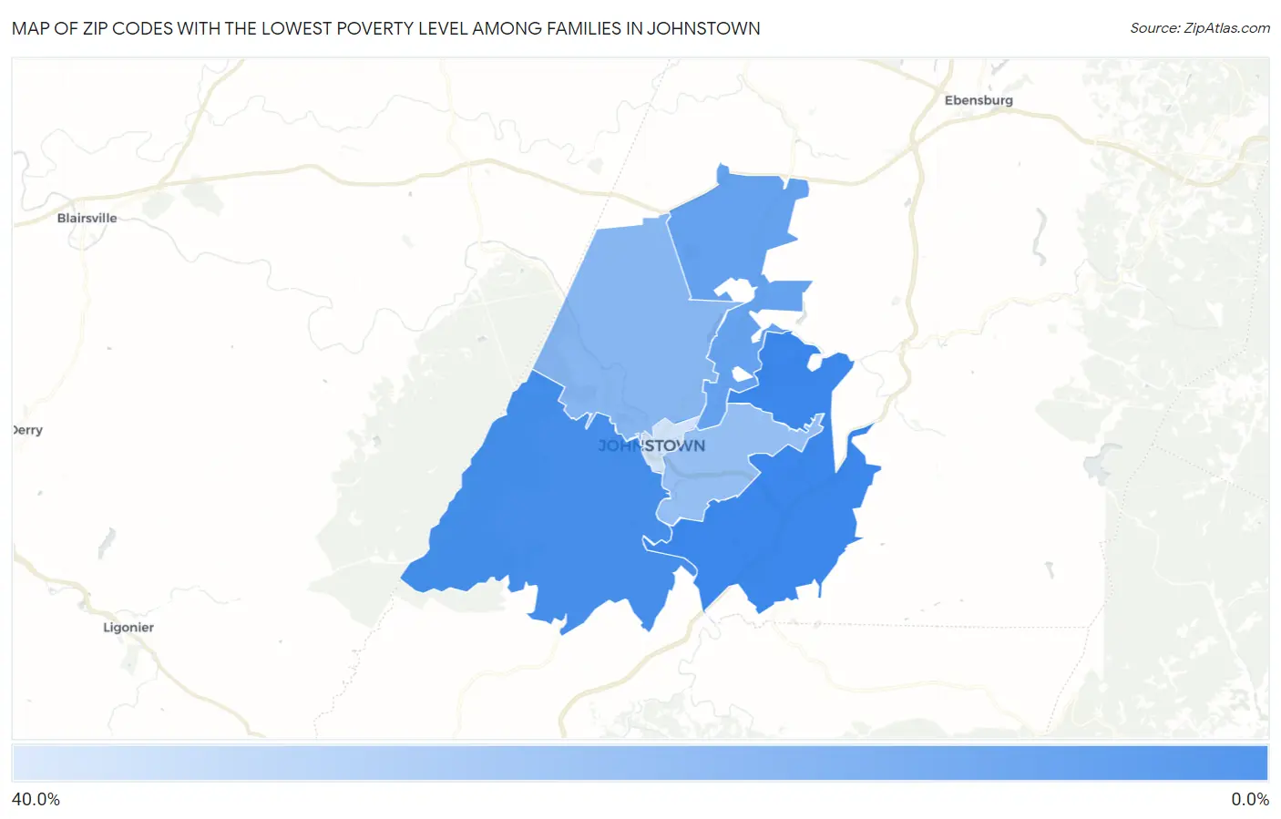 Zip Codes with the Lowest Poverty Level Among Families in Johnstown Map
