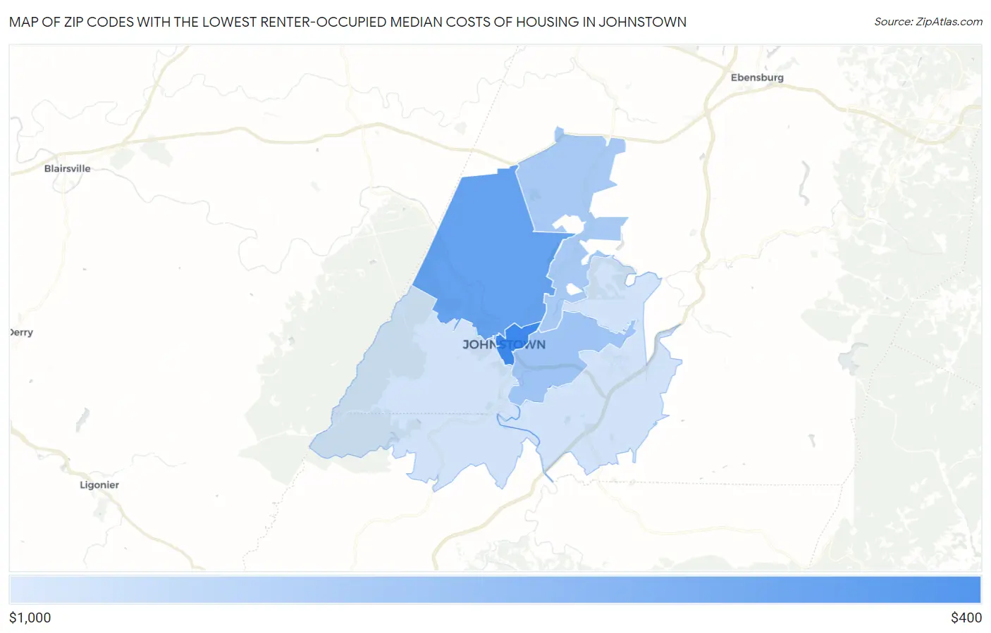 Zip Codes with the Lowest Renter-Occupied Median Costs of Housing in Johnstown Map