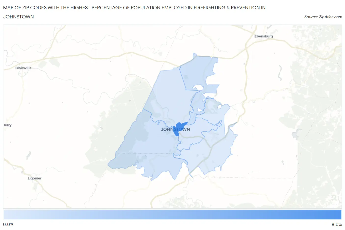Zip Codes with the Highest Percentage of Population Employed in Firefighting & Prevention in Johnstown Map