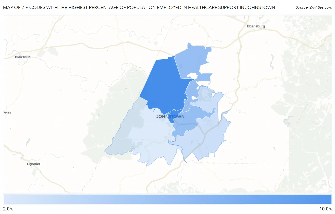 Zip Codes with the Highest Percentage of Population Employed in Healthcare Support in Johnstown Map