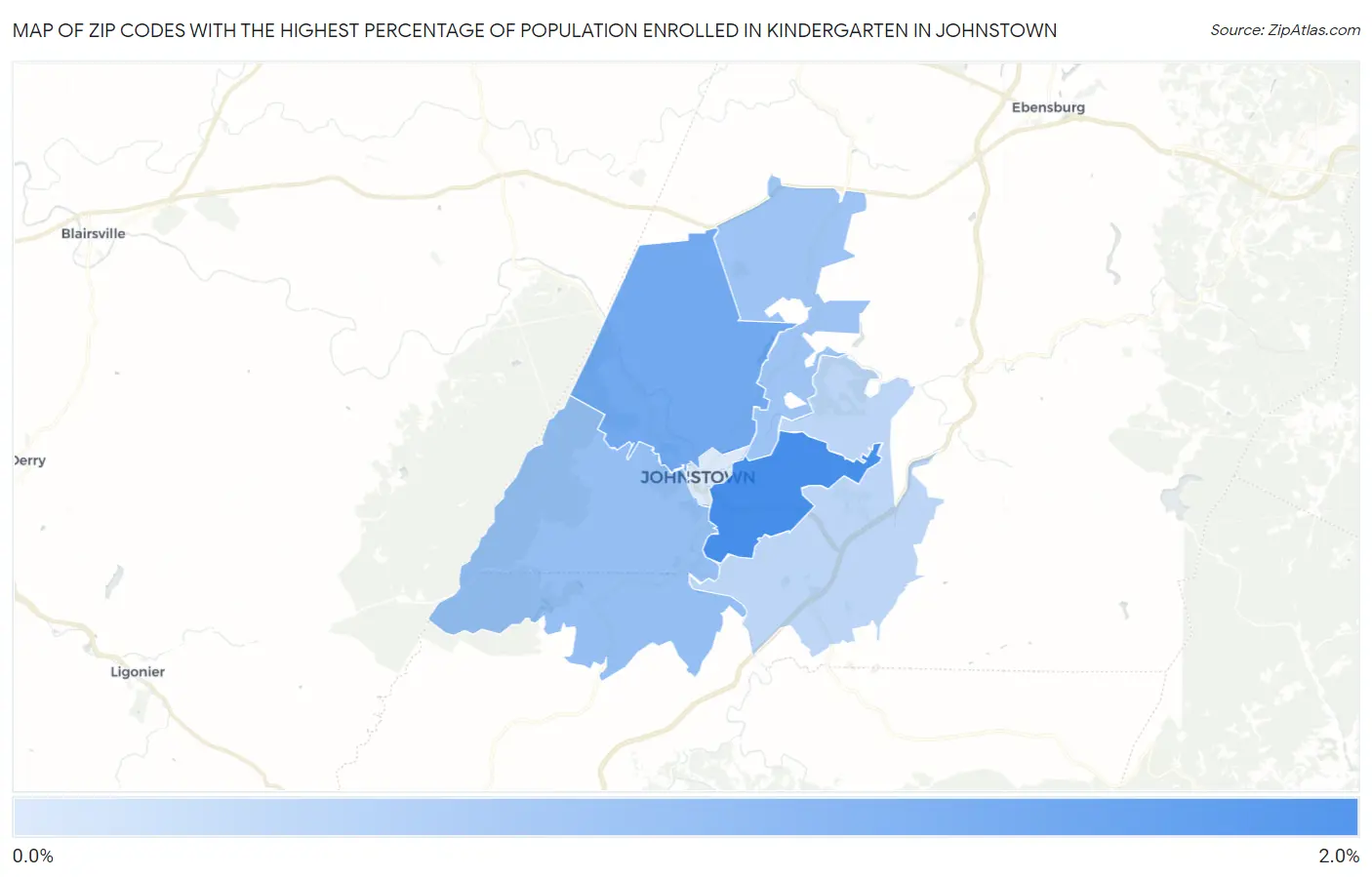 Zip Codes with the Highest Percentage of Population Enrolled in Kindergarten in Johnstown Map