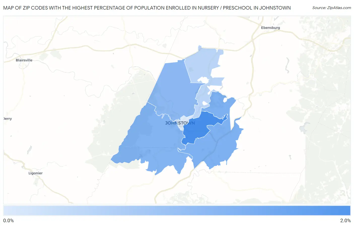 Zip Codes with the Highest Percentage of Population Enrolled in Nursery / Preschool in Johnstown Map