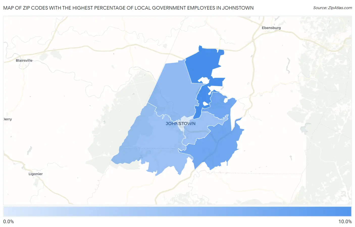 Zip Codes with the Highest Percentage of Local Government Employees in Johnstown Map