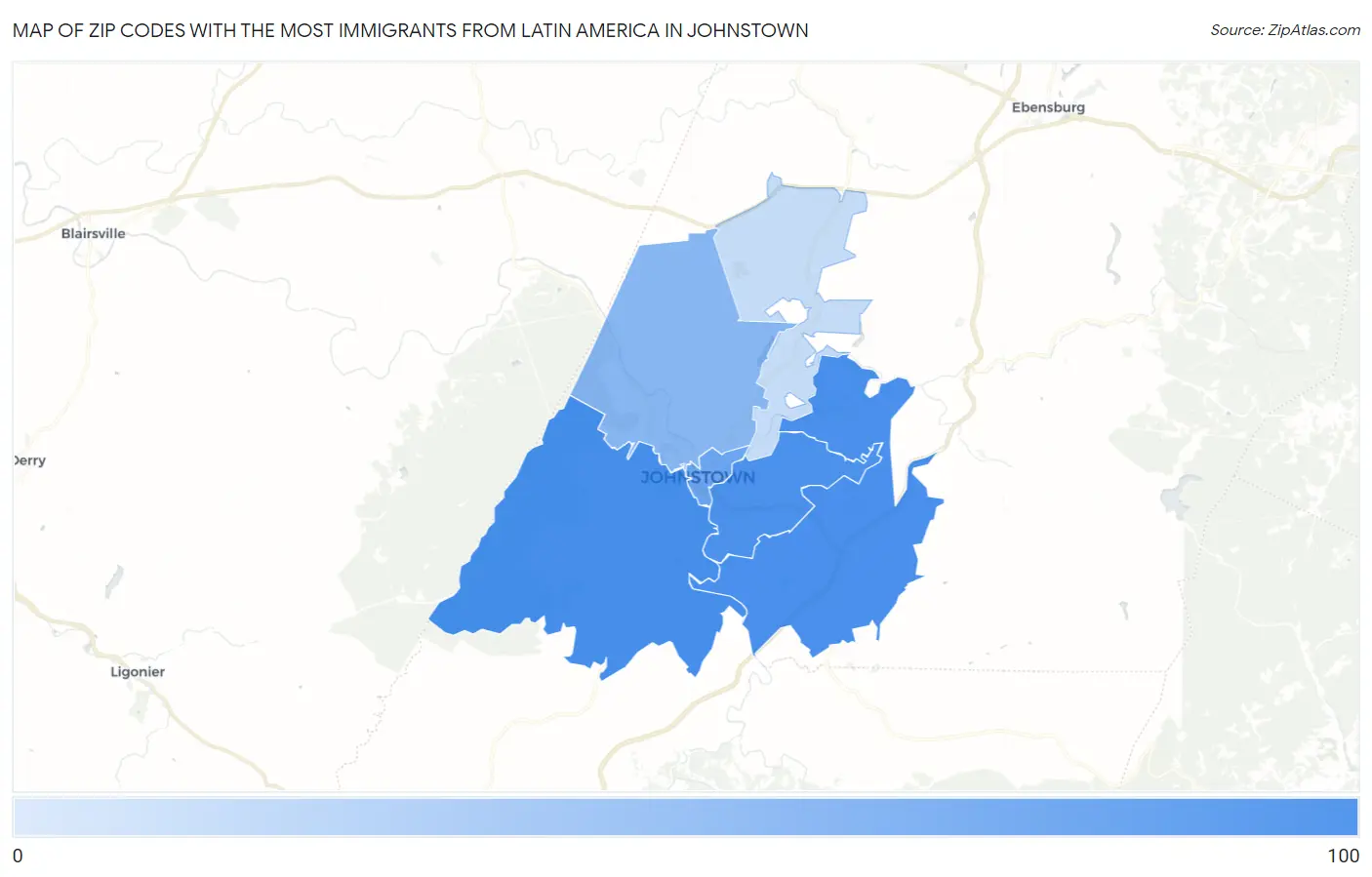 Zip Codes with the Most Immigrants from Latin America in Johnstown Map