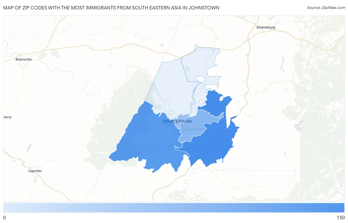 Zip Codes with the Most Immigrants from South Eastern Asia in Johnstown Map