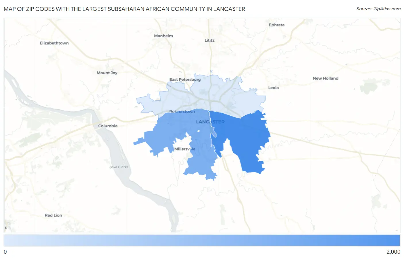 Zip Codes with the Largest Subsaharan African Community in Lancaster Map