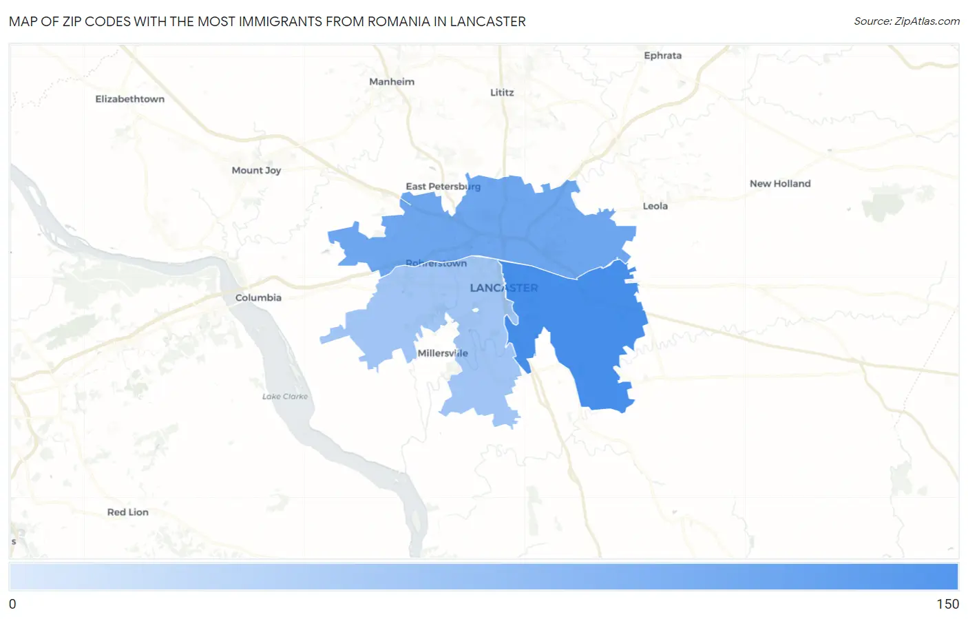 Zip Codes with the Most Immigrants from Romania in Lancaster Map