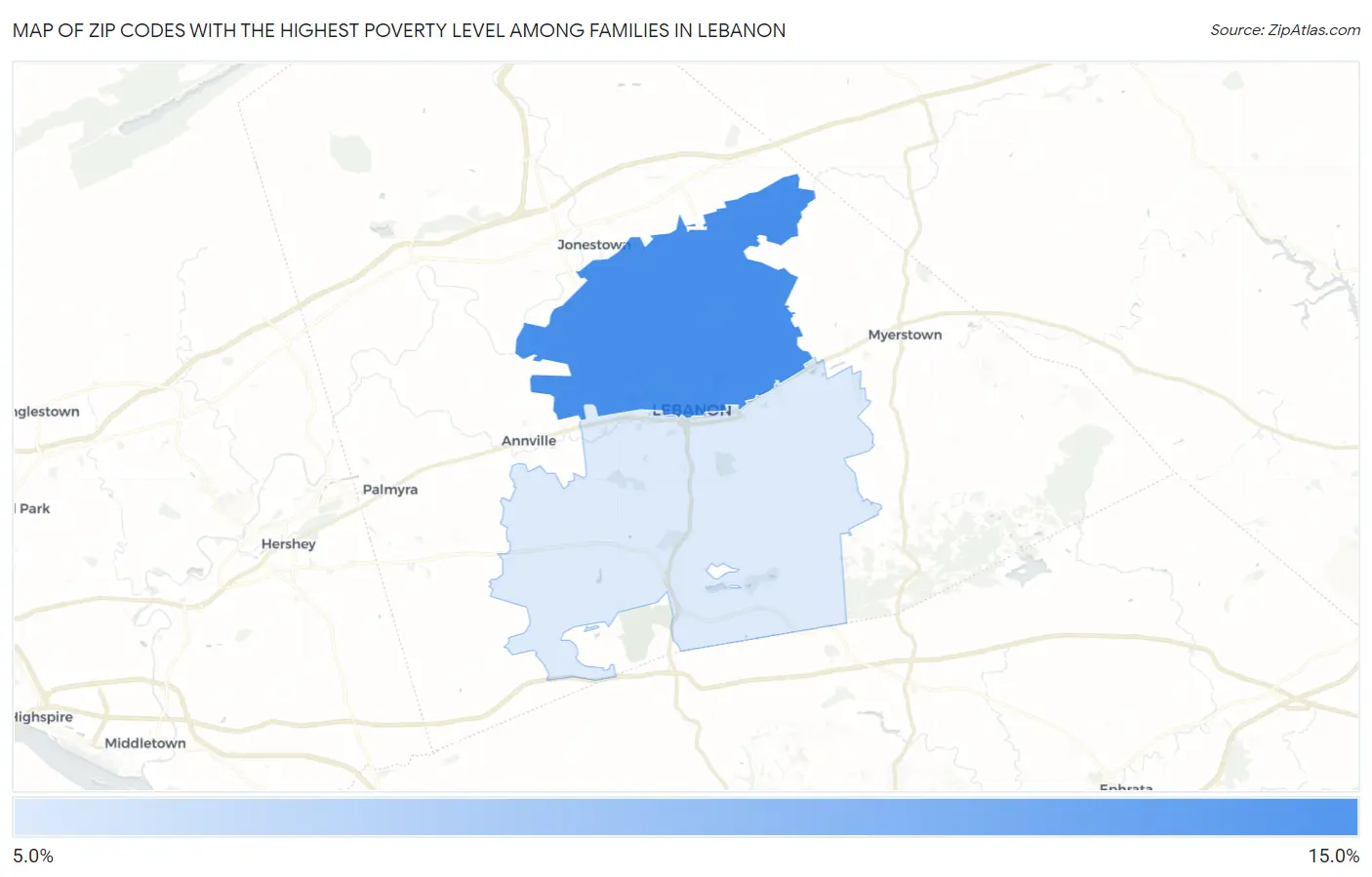 Zip Codes with the Highest Poverty Level Among Families in Lebanon Map