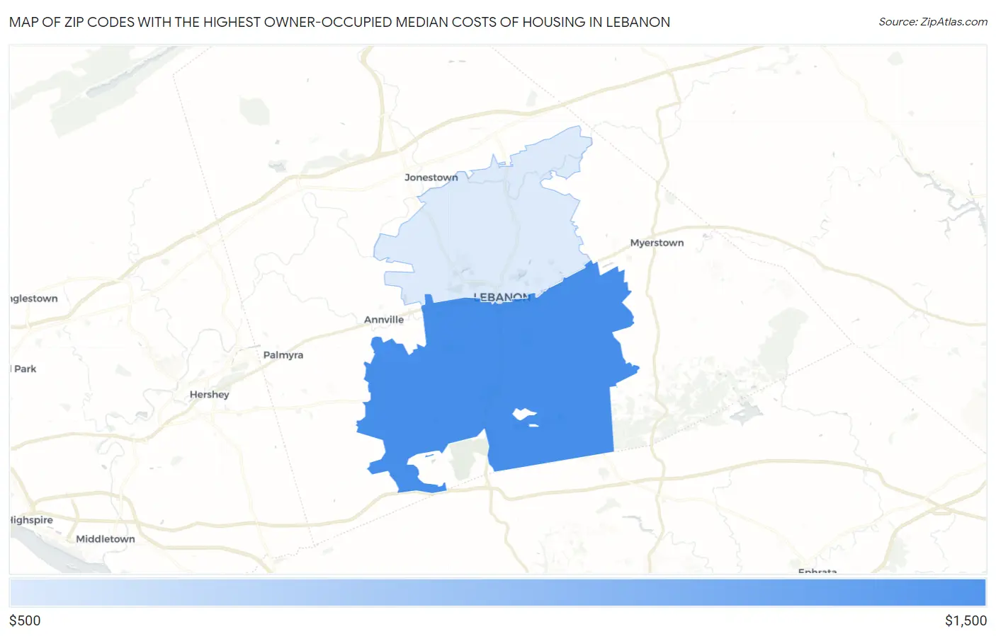 Zip Codes with the Highest Owner-Occupied Median Costs of Housing in Lebanon Map