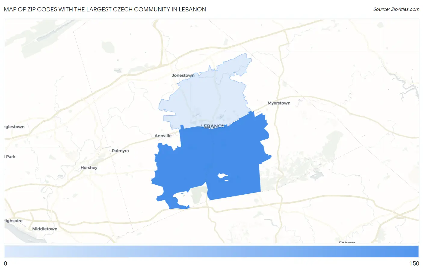 Zip Codes with the Largest Czech Community in Lebanon Map